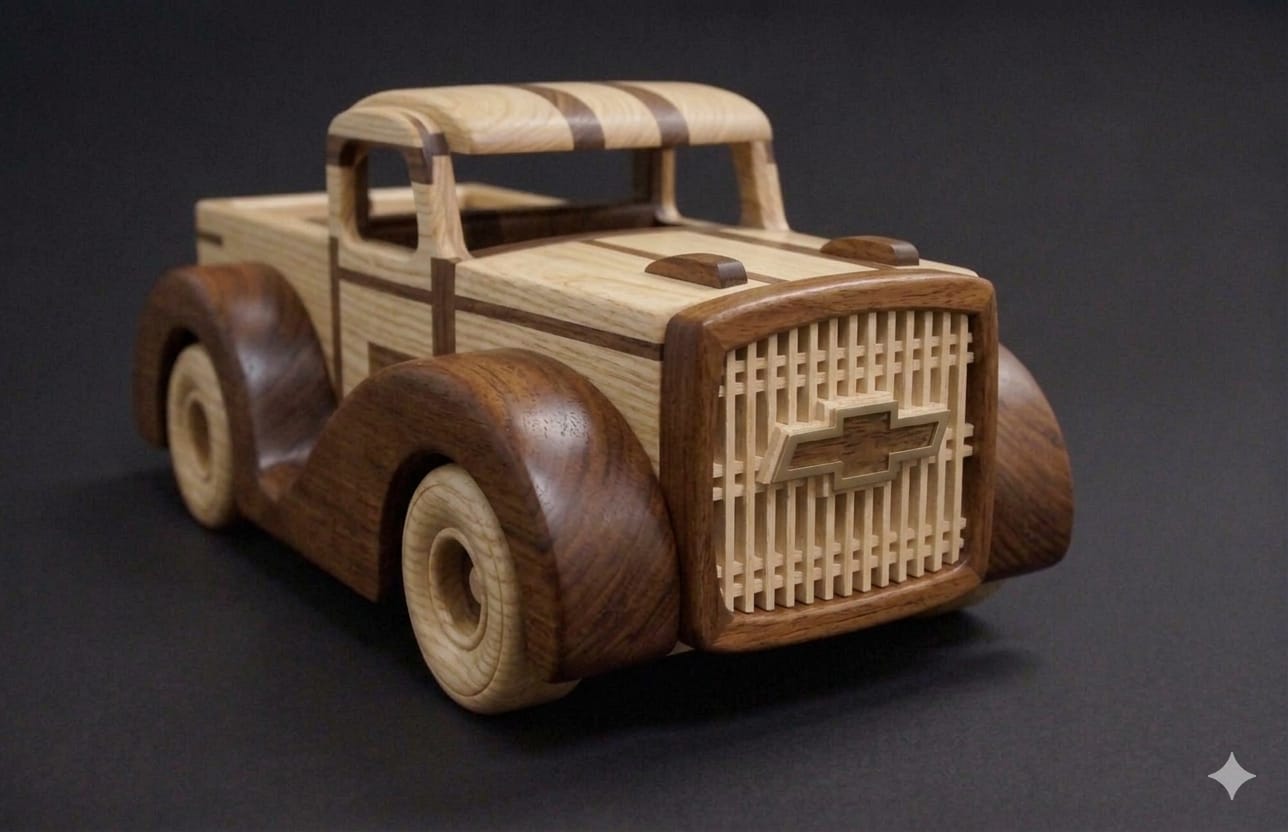 Handcrafted Wooden 1940s Chevrolet Pick-Up Truck (1:15 Scale)