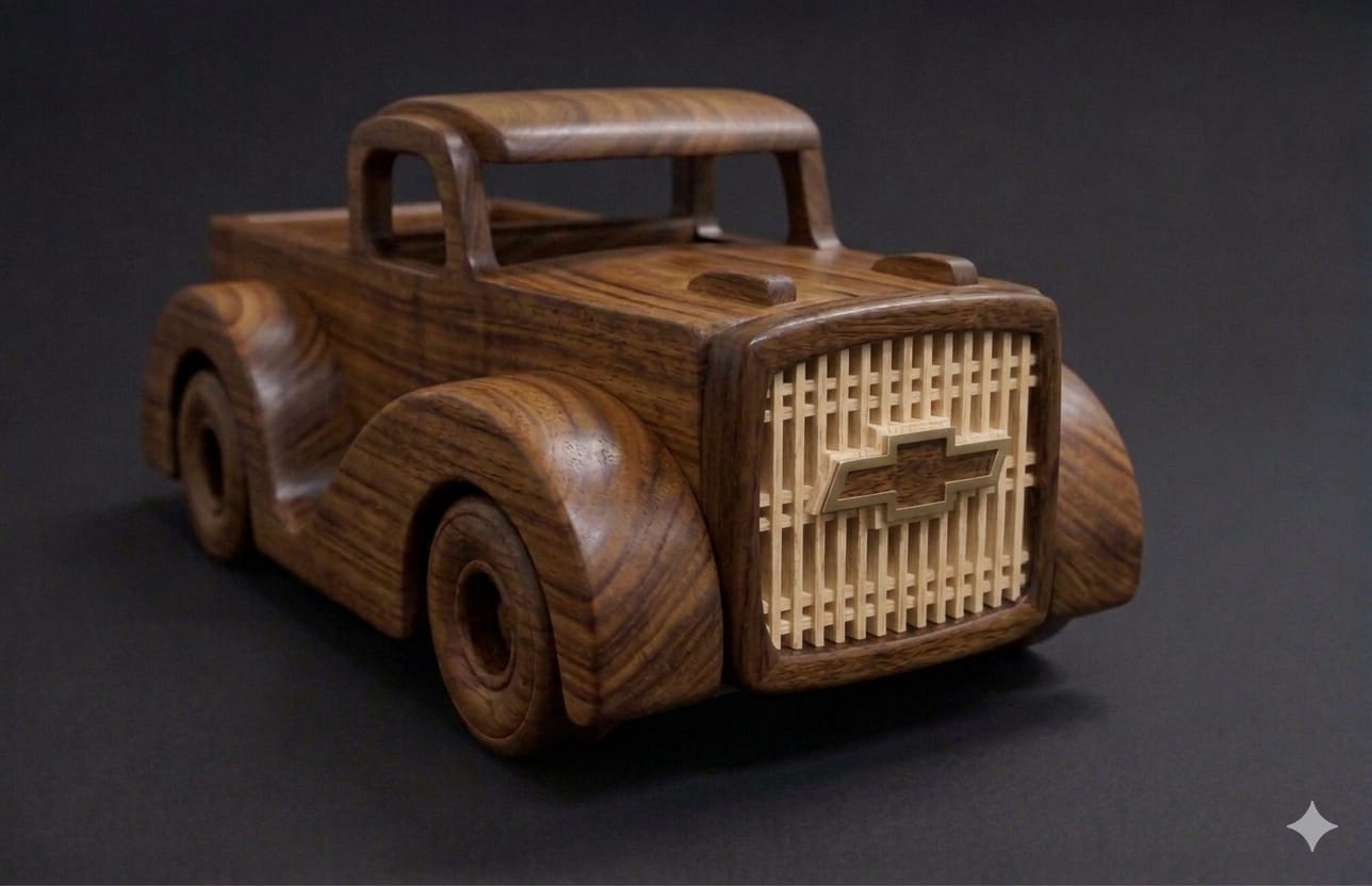 Handcrafted Wooden 1940s Chevrolet Pick-Up Truck (1:15 Scale)