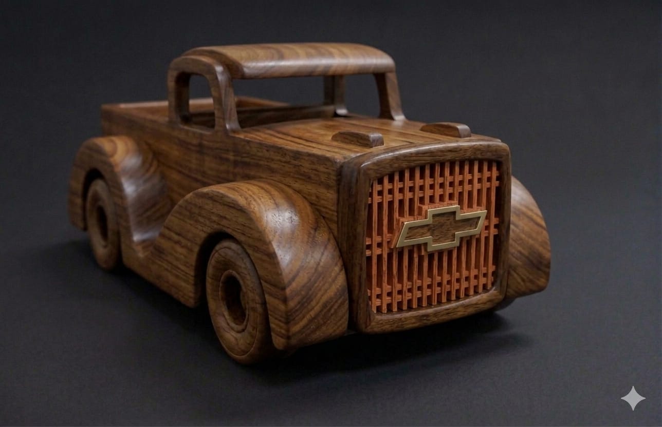 Handcrafted Wooden 1940s Chevrolet Pick-Up Truck (1:15 Scale)