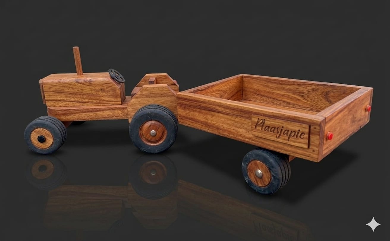 Handcrafted Wooden Tractor & Trailer – The "Plaasjapie" Edition (1:16 Scale)